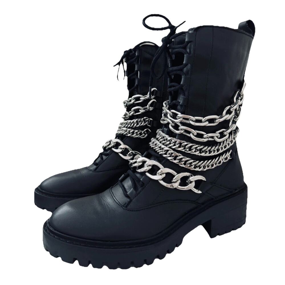 Zara Black Leather Chain Combat Boots 9.5
